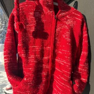 Handmade Red Wool zippered sweater from Nepal, fleece lined tassel on hood